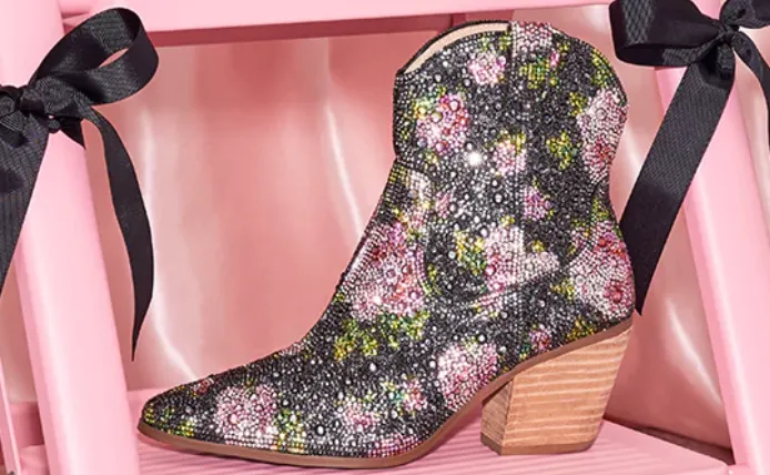 Diva Black Floral Rhinestone Ankle Boots