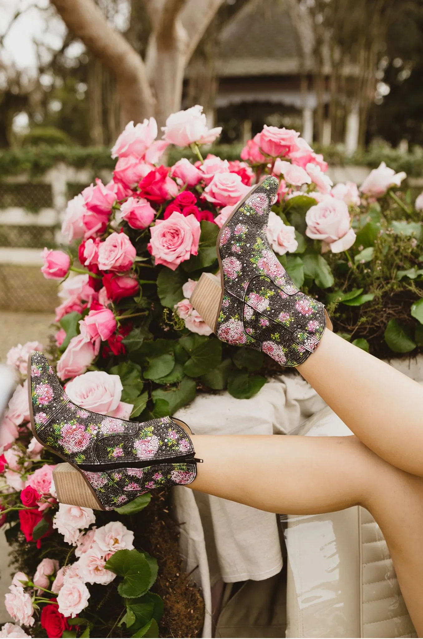 Diva Black Floral Rhinestone Ankle Boots