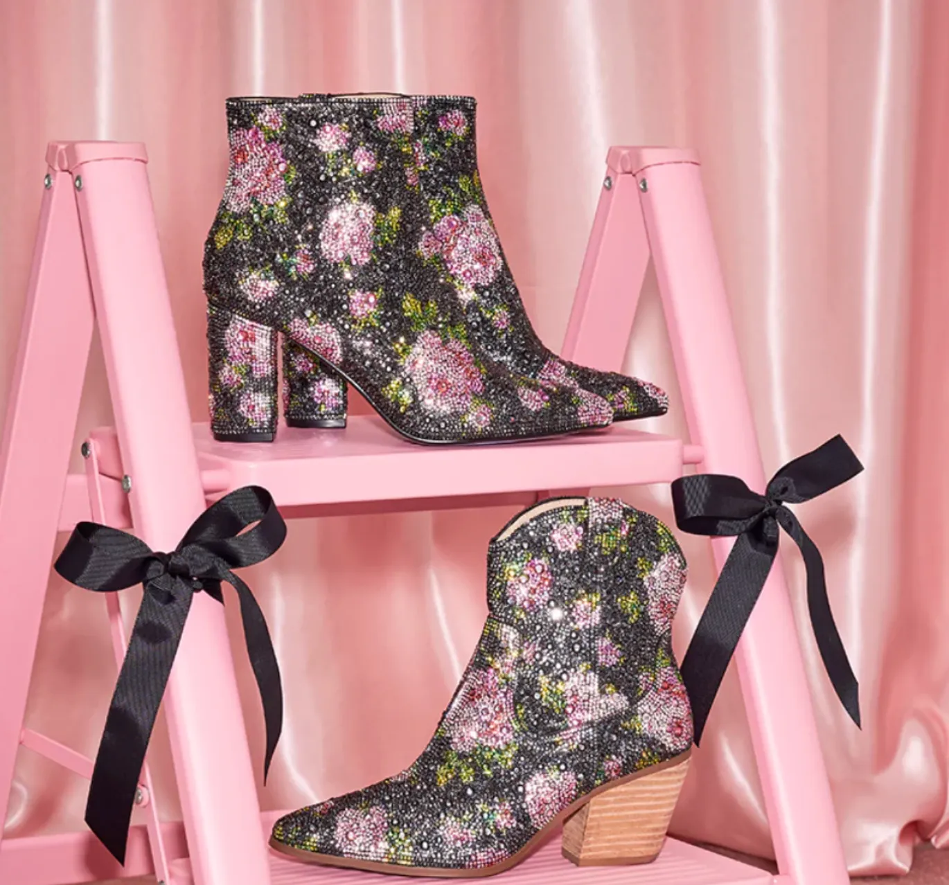 Diva Black Floral Rhinestone Ankle Boots