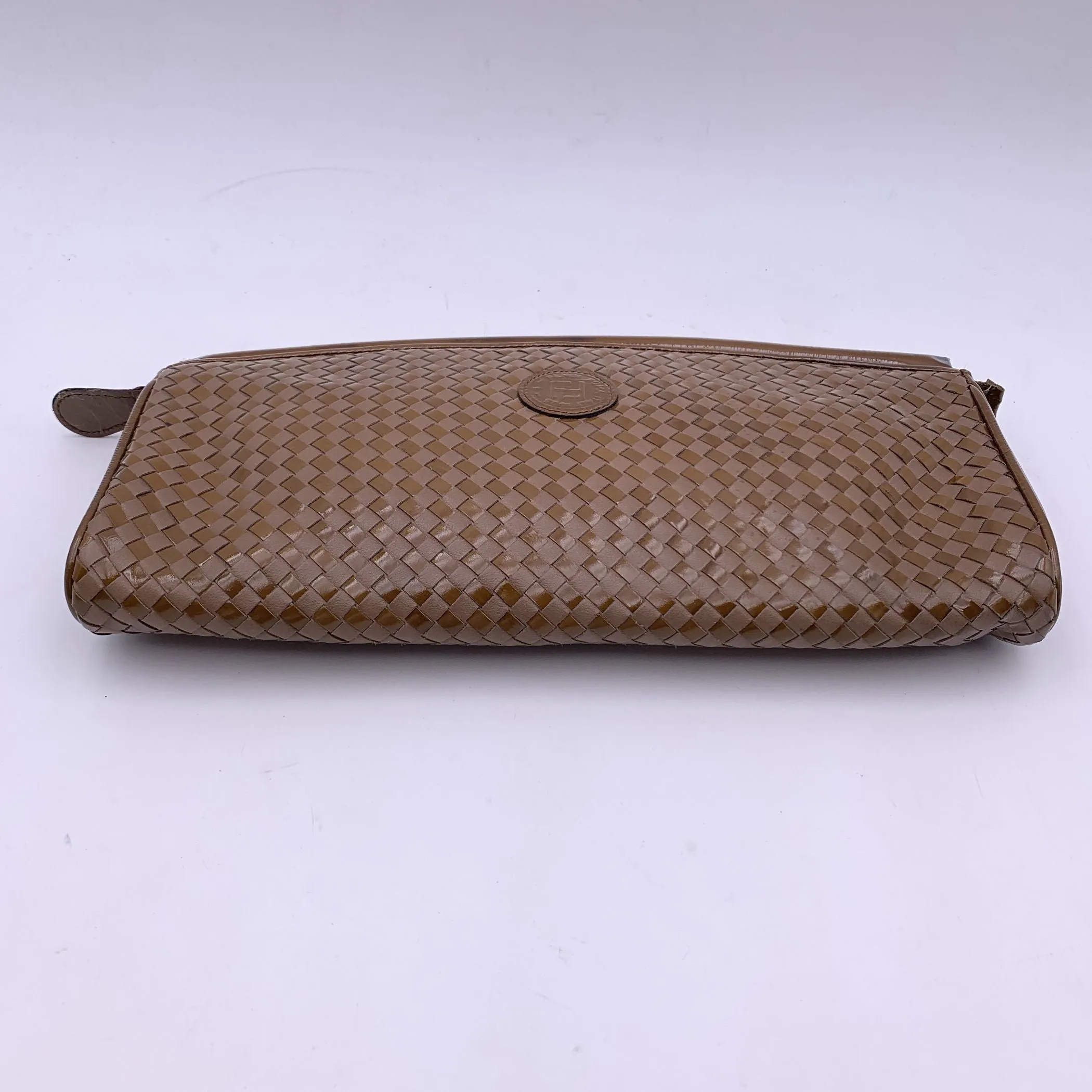 Fendi Vintage Beige Tan Woven Leather Clutch Handbag Bag