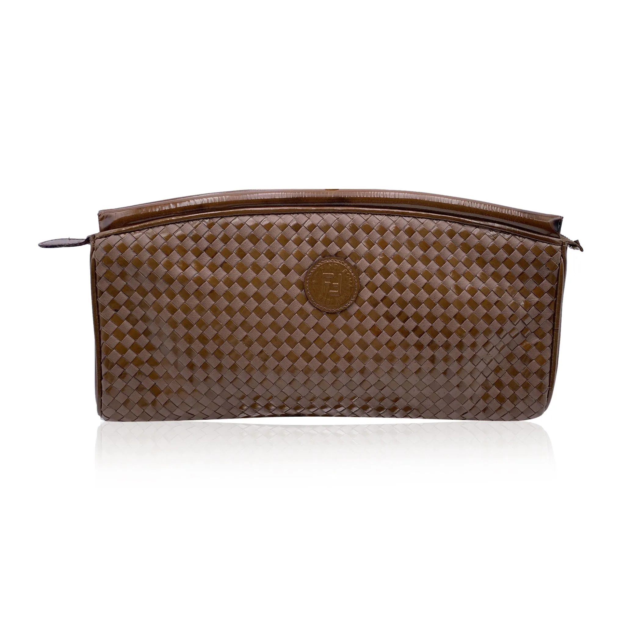 Fendi Vintage Beige Tan Woven Leather Clutch Handbag Bag
