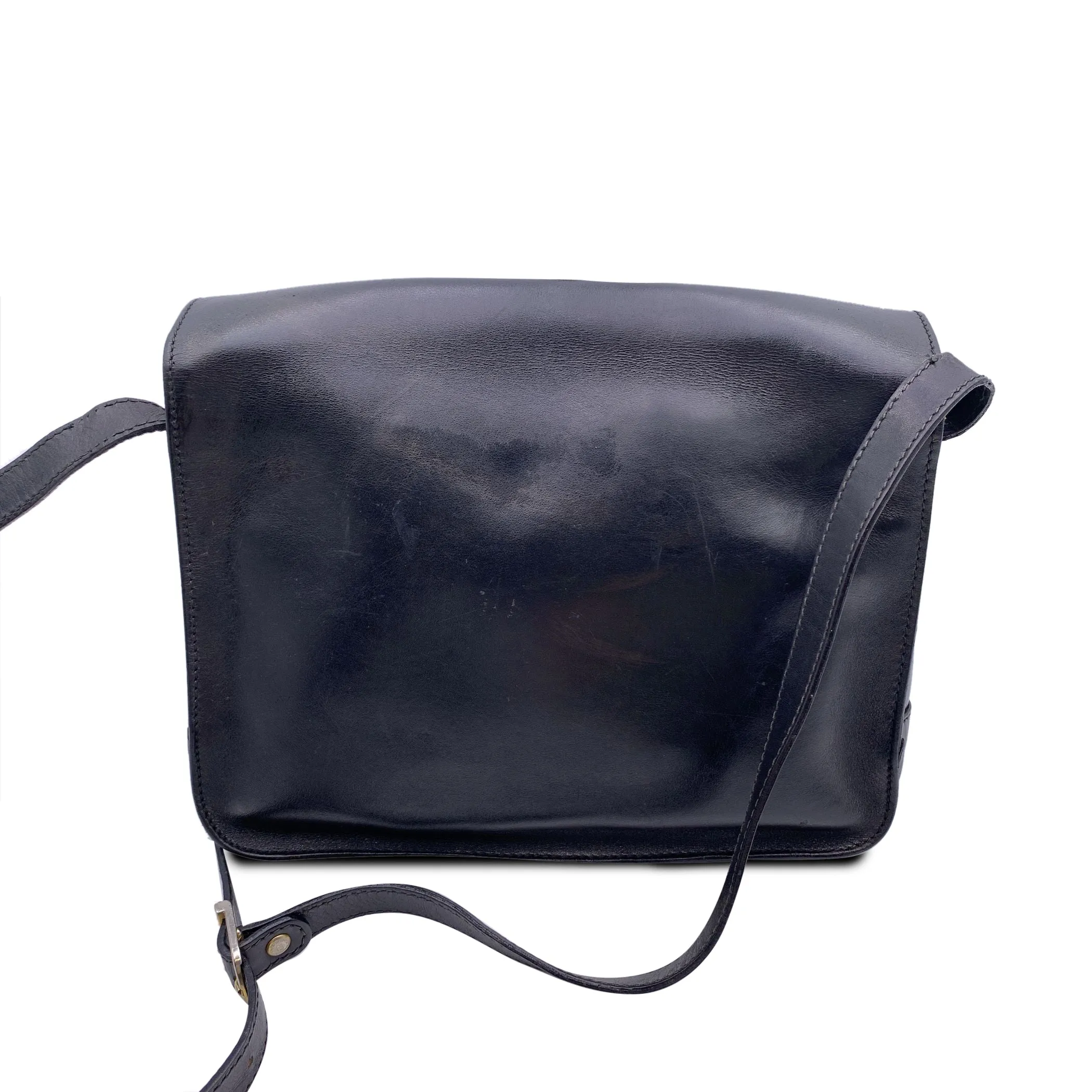 Fendi Vintage Black Leather Janus Messenger Shoulder Bag