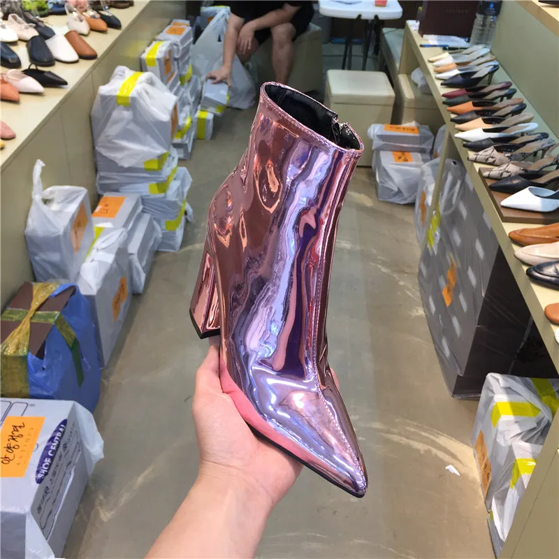 LUXE SEVEN DESIGN POINTED TOE ANKLE BOOTS IN METALLIC