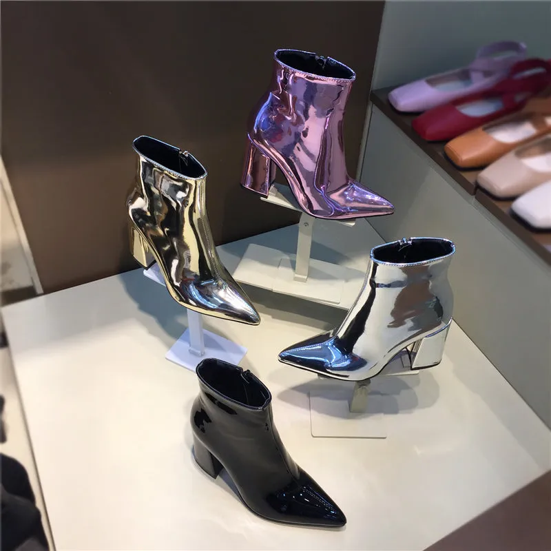 LUXE SEVEN DESIGN POINTED TOE ANKLE BOOTS IN METALLIC