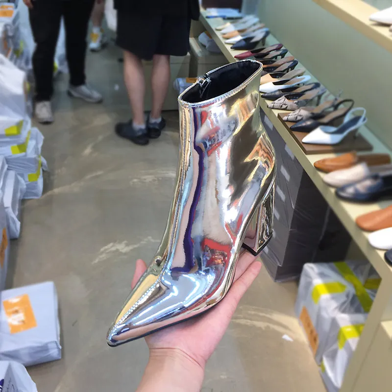 LUXE SEVEN DESIGN POINTED TOE ANKLE BOOTS IN METALLIC