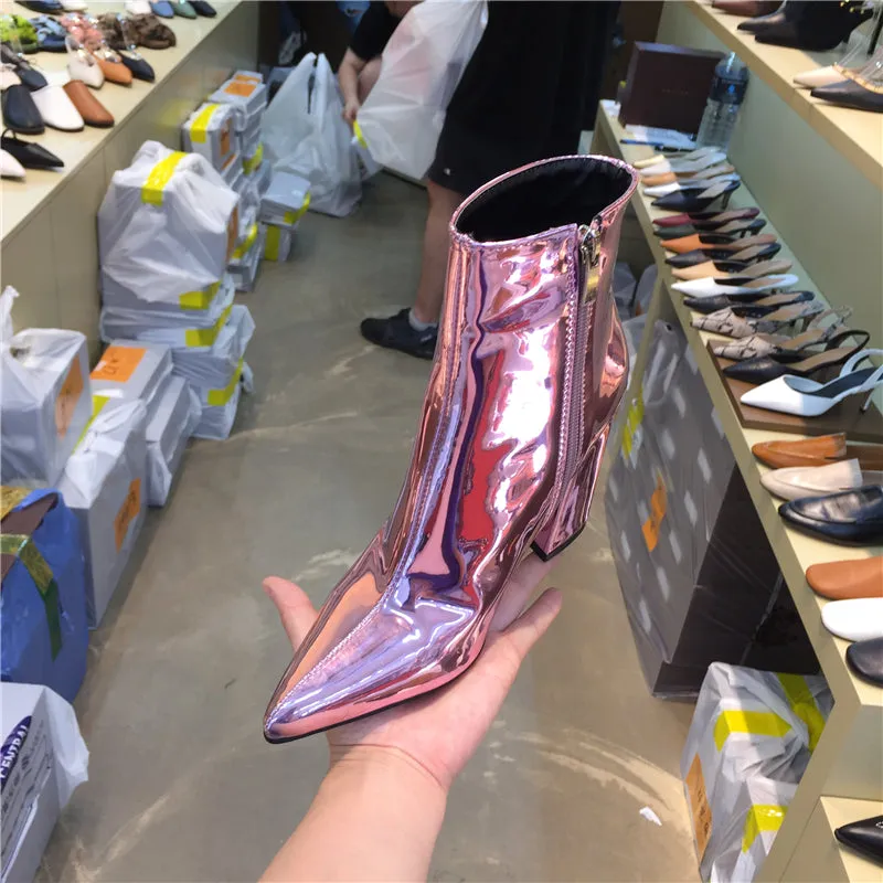 LUXE SEVEN DESIGN POINTED TOE ANKLE BOOTS IN METALLIC