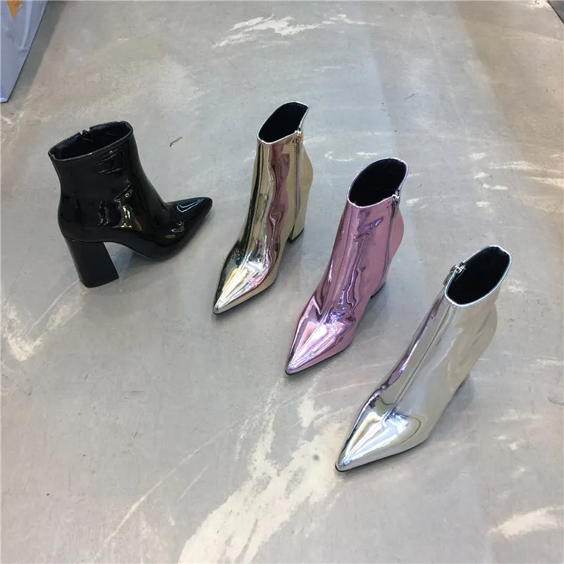 LUXE SEVEN DESIGN POINTED TOE ANKLE BOOTS IN METALLIC