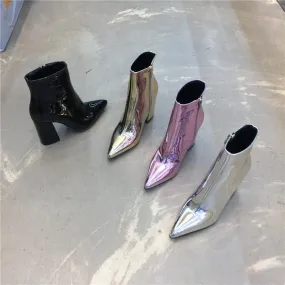 LUXE SEVEN DESIGN POINTED TOE ANKLE BOOTS IN METALLIC