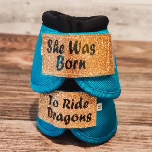 Medium "Born to Ride Dragons" Turquoise Weaver Bells w/ Gold Glitter