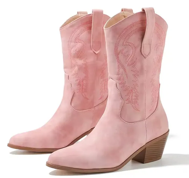 Pink Embroidered Faux Leather Boots