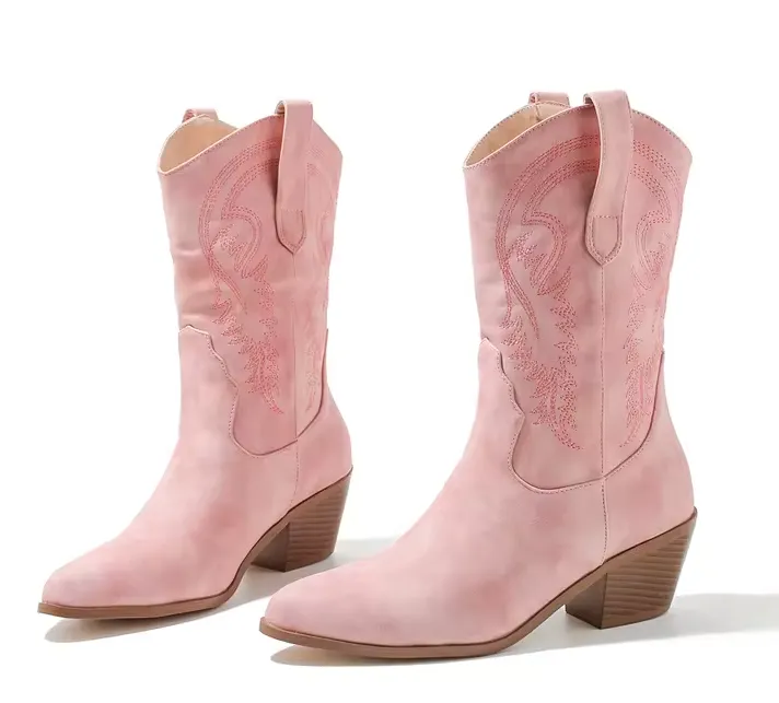 Pink Embroidered Faux Leather Boots