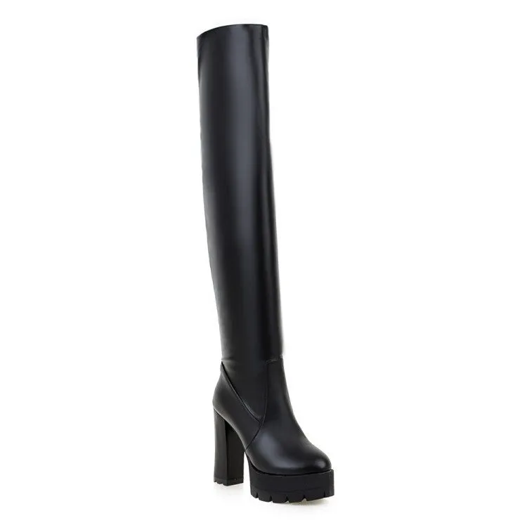 Women's PU leather chunky high heel thigh high boots | Platform over the knee boots