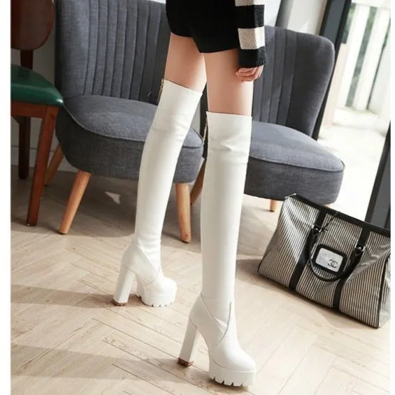 Women's PU leather chunky high heel thigh high boots | Platform over the knee boots