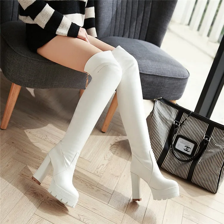 Women's PU leather chunky high heel thigh high boots | Platform over the knee boots