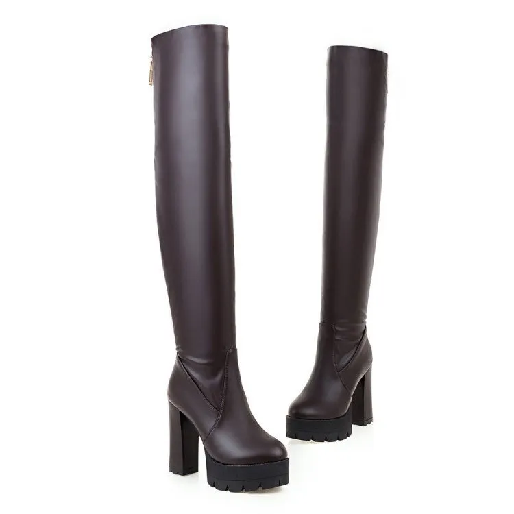 Women's PU leather chunky high heel thigh high boots | Platform over the knee boots