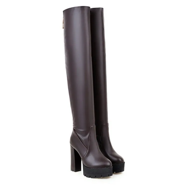 Women's PU leather chunky high heel thigh high boots | Platform over the knee boots