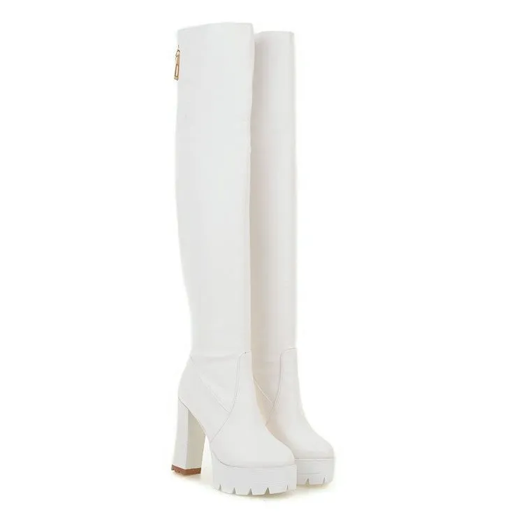 Women's PU leather chunky high heel thigh high boots | Platform over the knee boots