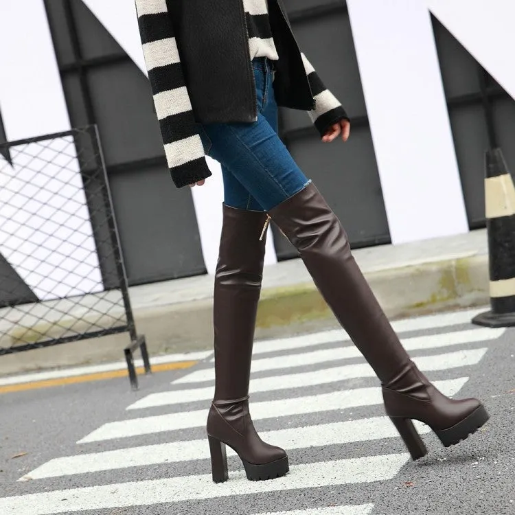 Women's PU leather chunky high heel thigh high boots | Platform over the knee boots