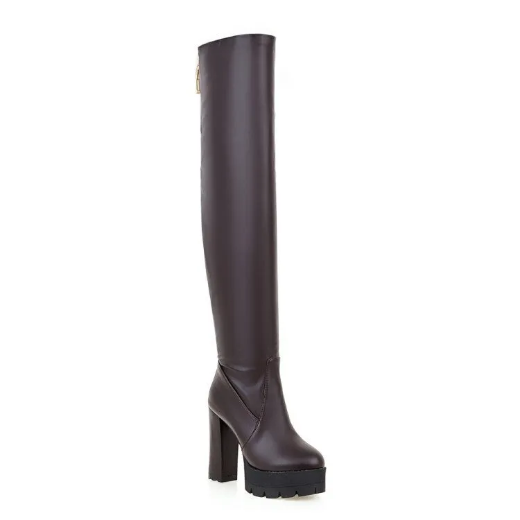 Women's PU leather chunky high heel thigh high boots | Platform over the knee boots