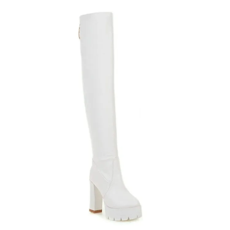 Women's PU leather chunky high heel thigh high boots | Platform over the knee boots