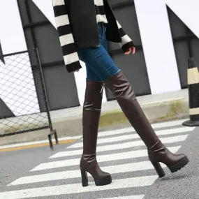 Women's PU leather chunky high heel thigh high boots | Platform over the knee boots